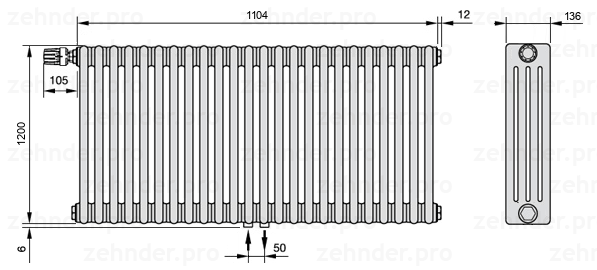 Схема (чертеж) Радиатор Zehnder Charleston 4120/24 №V007 Белый глянцевый RAL 9016